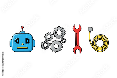 Robot head, gears, wrench, and cable. Colorful icons set illustrated