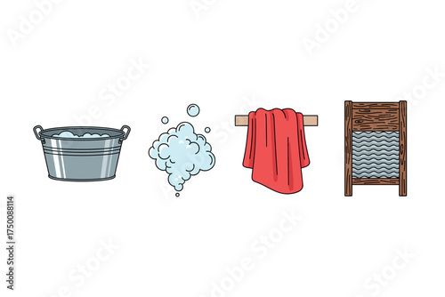Laundry tools: metal tub, soap bubbles, red towel, wooden washboard illustration. Colorful icons set illustrated