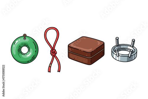 Four diverse objects: jade pendant, red knot, brown soap, silver holder. Colorful icons set illustrated