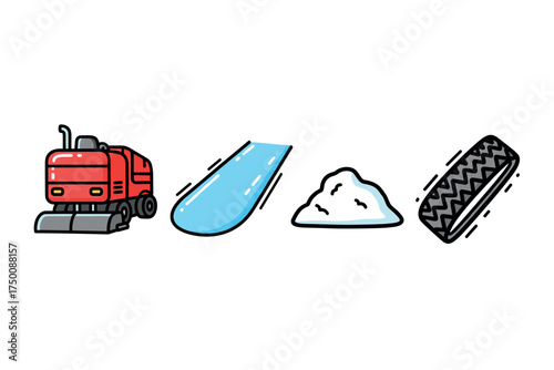Cartoon construction: red bulldozer with water, sand, and tire tracks. Colorful icons set illustrated