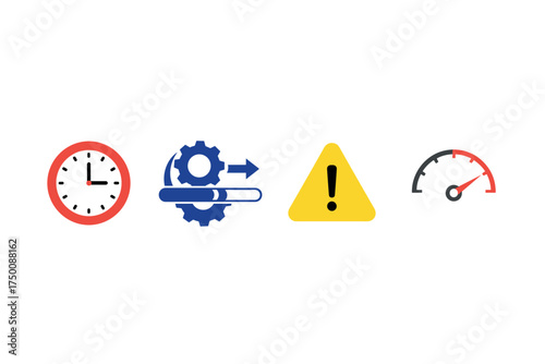 Time management and productivity icons: clock, gear, warning, speedometer indicators. Colorful icons set illustrated