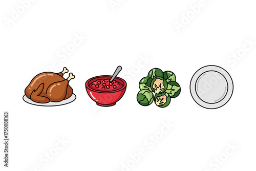 Thanksgiving dinner icons: turkey, cranberry sauce, brussels sprouts, empty plate. Colorful icons set illustrated