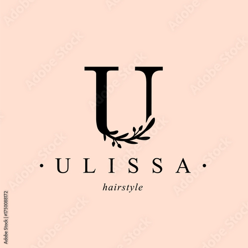 Logo, capital letter U. Monogram of Botanical Minimalistic, Initial. with Organic Plant Elements.  Vector design. for beauty salon or art studio.