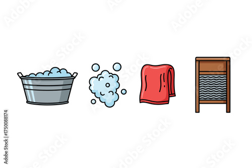 Vintage laundry scene with metal basin, soap suds, red cloth, and washboard. Colorful icons set illustrated