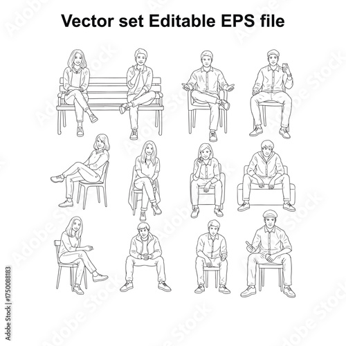 Vector art of a collection of black and white line drawings depicting various people sitting in different poses on chairs and a bench