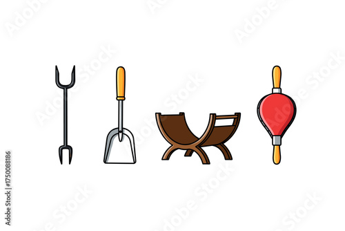 Garden tools and accessories illustration with fork, shovel, planter, and watering bulb. Colorful icons set illustrated