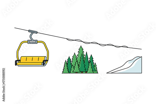 Ski lift in mountain forest with snowy slope illustration. Colorful icons set illustrated