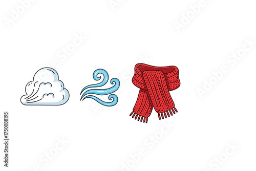Cold breath elements: cloud, wind, scarf, lips illustration. Colorful icons set illustrated