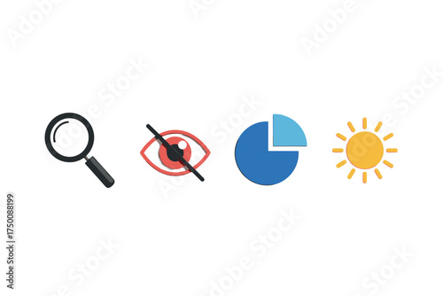Magnifying glass, eye, pie chart, and sun icons. Colorful icons set illustrated