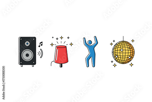 Colorful dance party icons: speakers, strobe light, dancing figure, disco ball. Colorful icons set illustrated