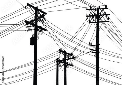 Silhouette utility poles, electricity distribution network, power line complexity, transformers and insulators, urban energy grid, electrical infrastructure, industrial skyline, interconnected system