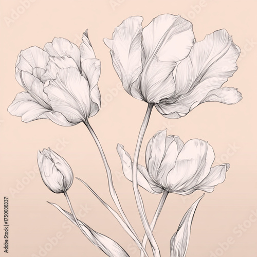 Elegant pencil sketch illustration of beautiful tulip flowers.