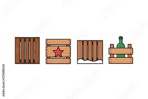 Wooden crates and box with star and wine bottle. Colorful icons set illustrated
