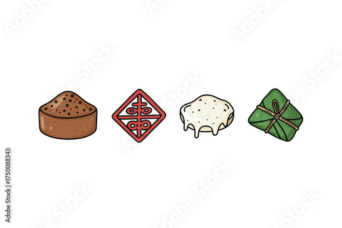 Four traditional asian desserts: mooncake, mochi, rice cake, zongzi illustrations. Colorful icons set illustrated