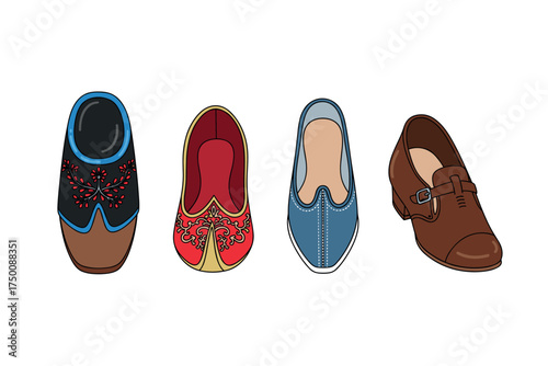 Collection of four colorful traditional and modern shoes. Colorful icons set illustrated