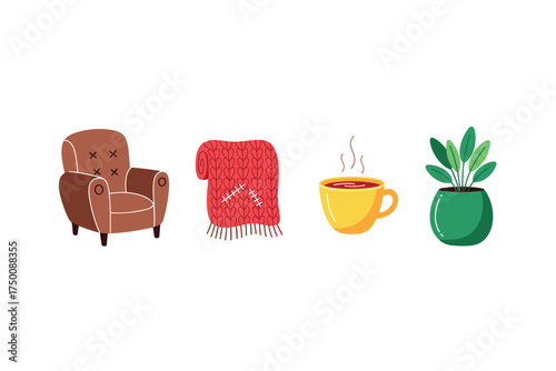 Cozy living room essentials: armchair, blanket, coffee mug, and potted plant illustration. Colorful icons set illustrated