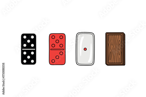 Diverse domino tile designs: black, red, white, and wood styles aligned on white. Colorful icons set illustrated