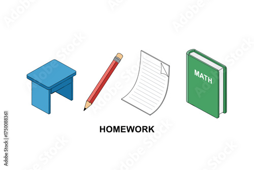 Desk with pencil, paper, math book - homework essentials illustration. Colorful icons set illustrated