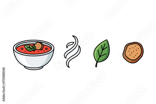 Italian tomato soup with fresh herbs and crusty bread. Colorful icons set illustrated