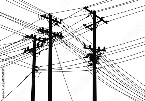 Silhouette utility poles, electricity distribution network, power line complexity, urban energy grid, electrical infrastructure, industrial skyline, interconnected system, dense overhead wires
