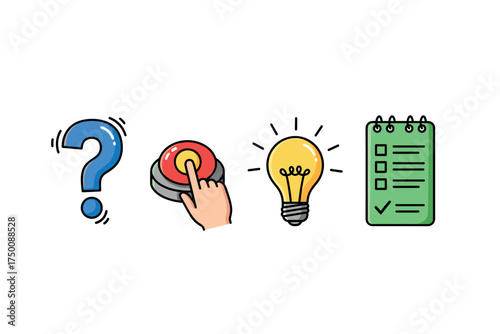 Question mark, button press, lightbulb, and checklist icons. Colorful icons set illustrated