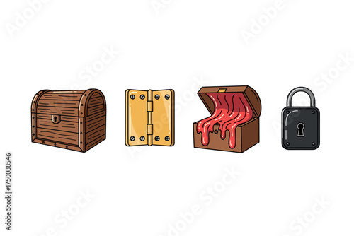 Cartoon treasure chest and lock designs with hinges and slime. Colorful icons set illustrated
