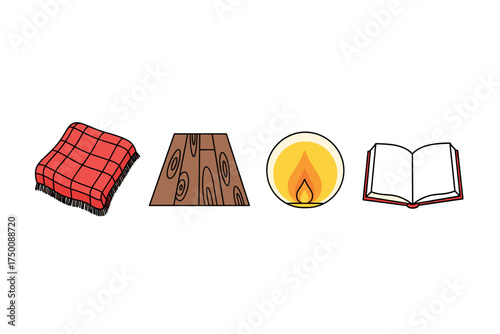 Cozy home elements: blanket, wooden floor, fireplace, open book. Colorful icons set illustrated