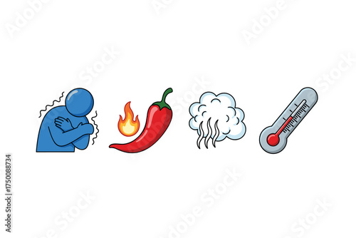 Icons showing cold, spicy, steamy, and hot temperature concepts. Colorful icons set illustrated