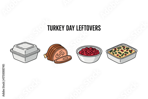 Thanksgiving leftovers: takeout box, sliced turkey, cranberry sauce, and casserole. Colorful icons set illustrated