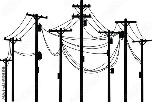 Silhouette utility poles, electricity distribution network, power line infrastructure, transformers and insulators, urban energy grid, electrical components, industrial skyline, interconnected system
