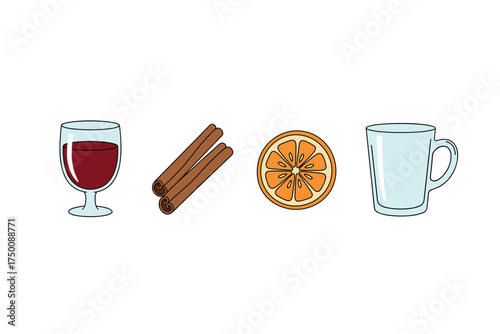 Mulled wine ingredients: glass, cinnamon sticks, orange slice, and mug. Colorful icons set illustrated