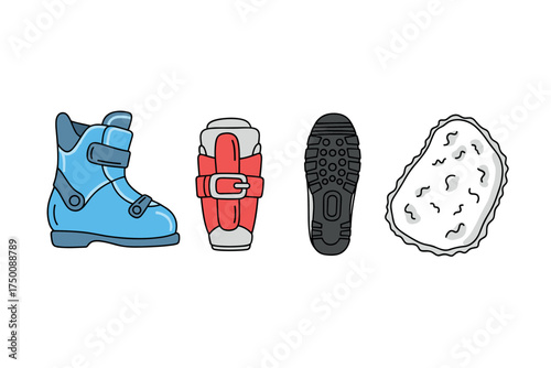 Skiing gear: ski boot, shin guard, sole, oyster illustration. Colorful icons set illustrated