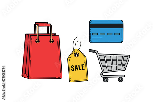 Shopping bag, credit card, sale tag, and cart icons. Colorful icons set illustrated