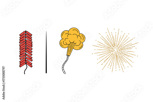Sequence of firecracker ignition and explosion in vibrant stages. Colorful icons set illustrated