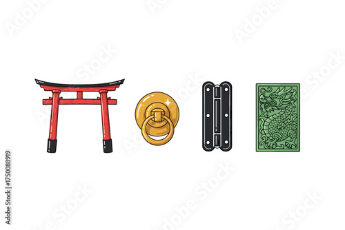 Traditional asian symbols: torii gate, golden ring, latch, jade dragon. Colorful icons set illustrated