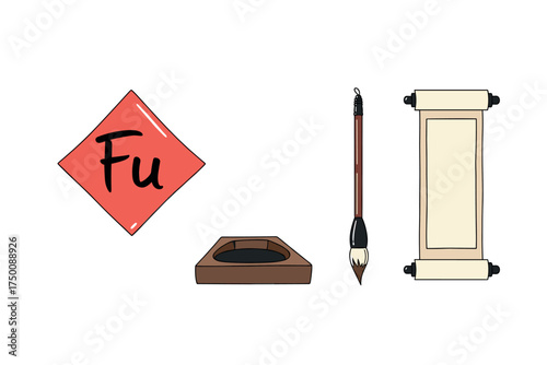 Chinese calligraphy tools: fu symbol, inkstone, brush, scroll. Colorful icons set illustrated