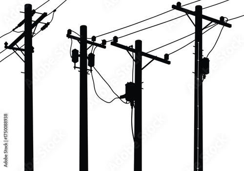 Silhouette utility poles, electricity distribution network, power line infrastructure, transformers and insulators, urban energy grid, electrical system, industrial skyline, interconnected network
