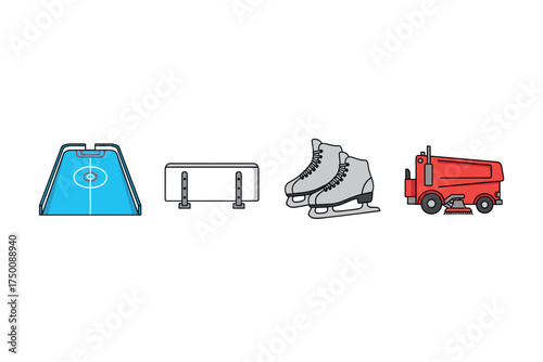 Ice hockey rink setup with skates, zamboni, and rink barriers. Colorful icons set illustrated