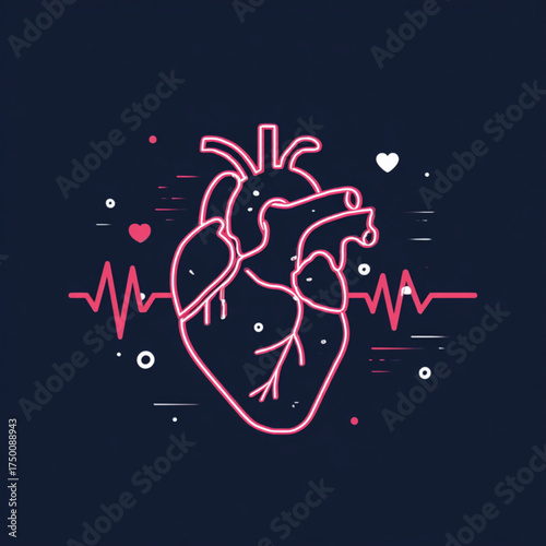 Glowing neon human heart illustration with a vibrant electrocardiogram pulse.