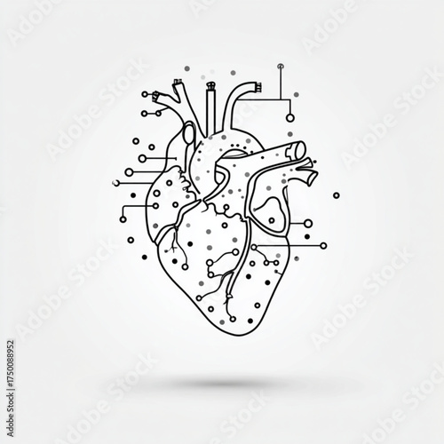 Technological human heart line art vector illustration.