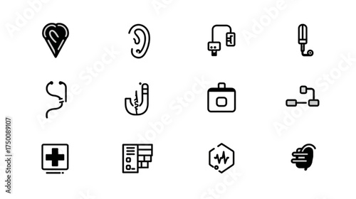 A diverse set of medical and healthcare line art icons.
