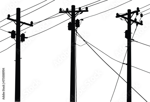 Silhouette utility poles, electricity distribution network, power line infrastructure, transformers and insulators, urban energy grid, electrical system, industrial skyline, interconnected wires
