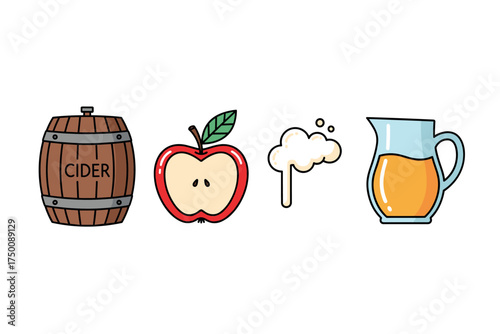 Cider production: wooden barrel, red apple, fermentation foam, glass pitcher. Colorful icons set illustrated