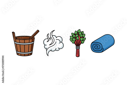 Sauna essentials: wooden bucket, steam, birch whisk, and rolled towel icons. Colorful icons set illustrated