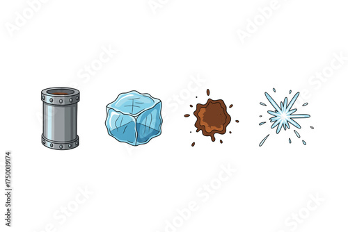 Cartoon elements: metal pipe, ice block, mud splash, shattered glass. Colorful icons set illustrated