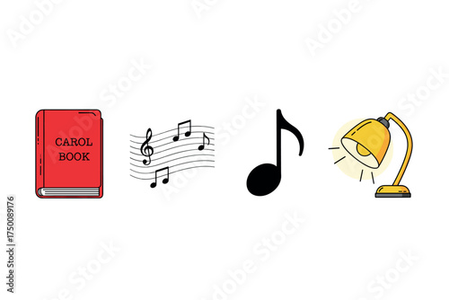 Music and reading symbols: carol book, notes, and lamp illustration. Colorful icons set illustrated