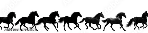 Running horse silhouette animation frames on white background.