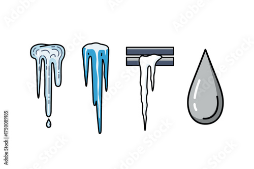 Evolution of icicle to water droplet in four stages. Colorful icons set illustrated