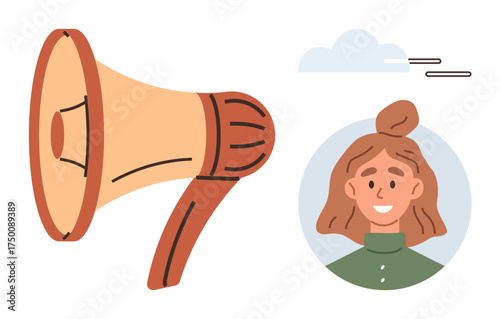Megaphone projecting sound with a smiling person in profile. Ideal for communication, marketing, promotion, announcement, voice, influence, feedback, simple flat metaphor