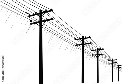 Silhouette utility poles, electricity distribution network, power line perspective, urban energy grid, electrical infrastructure, industrial skyline, interconnected system, depth and scale